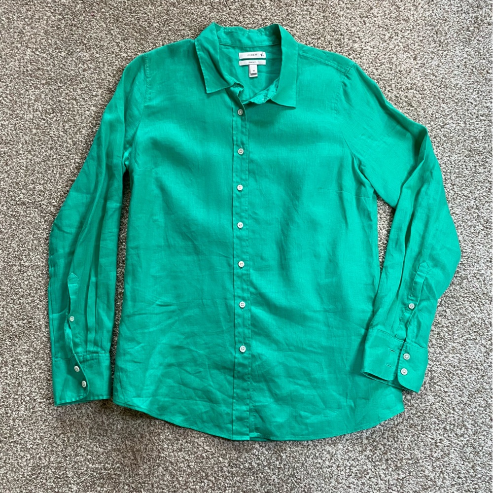 J. Crew Linen Button Down Top, Size 10, Kelly Green, Long Sleeve, Lightweight